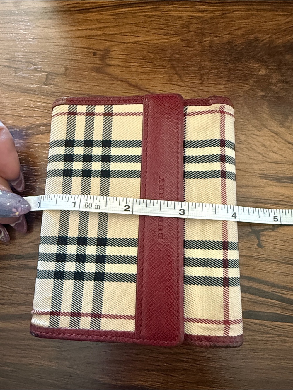 Burberry Beige Check Card Wallet with Burgundy Trim - Picture 13 of 15